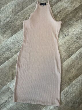 Carli Bybel x Misguided size small-sleeveless long tank dress tan ribbed fabric